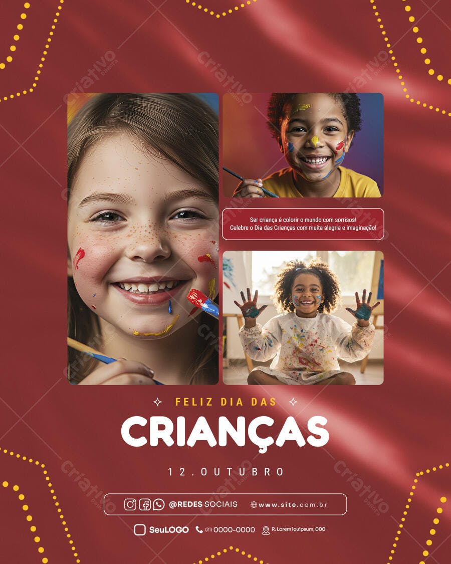 Flyer Dia das Crianças com Crianças Pintando e Sorrindo PSD Editável