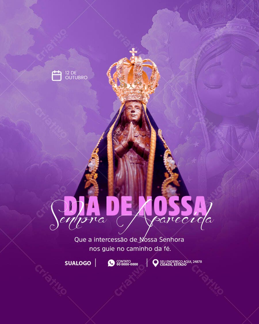 Flyer Roxo Dia de Nossa Senhora Aparecida 12 Outubro PSD Editável