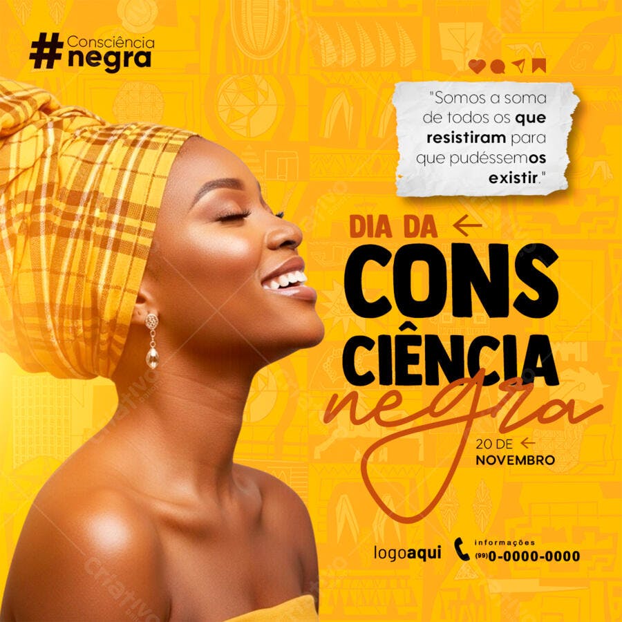 Flyer Dia da Consciência Negra Mulher Negra Turbante Amarelo PSD Editável