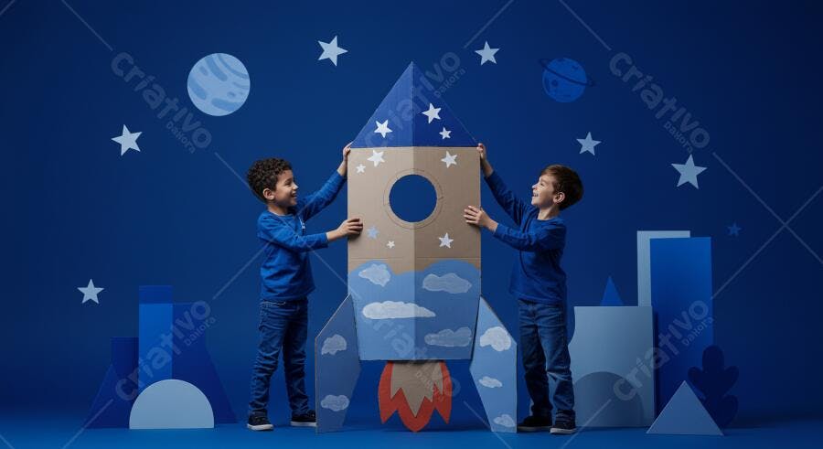 Dois meninos sorrindo segurando foguete de papelão em cenário azul do espaço