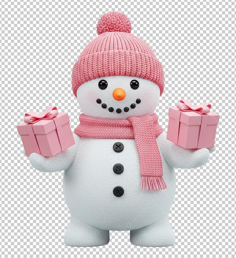Personagem 3D Boneco de Neve Rosa com Presentes Natal Inverno PNG com fundo transparente