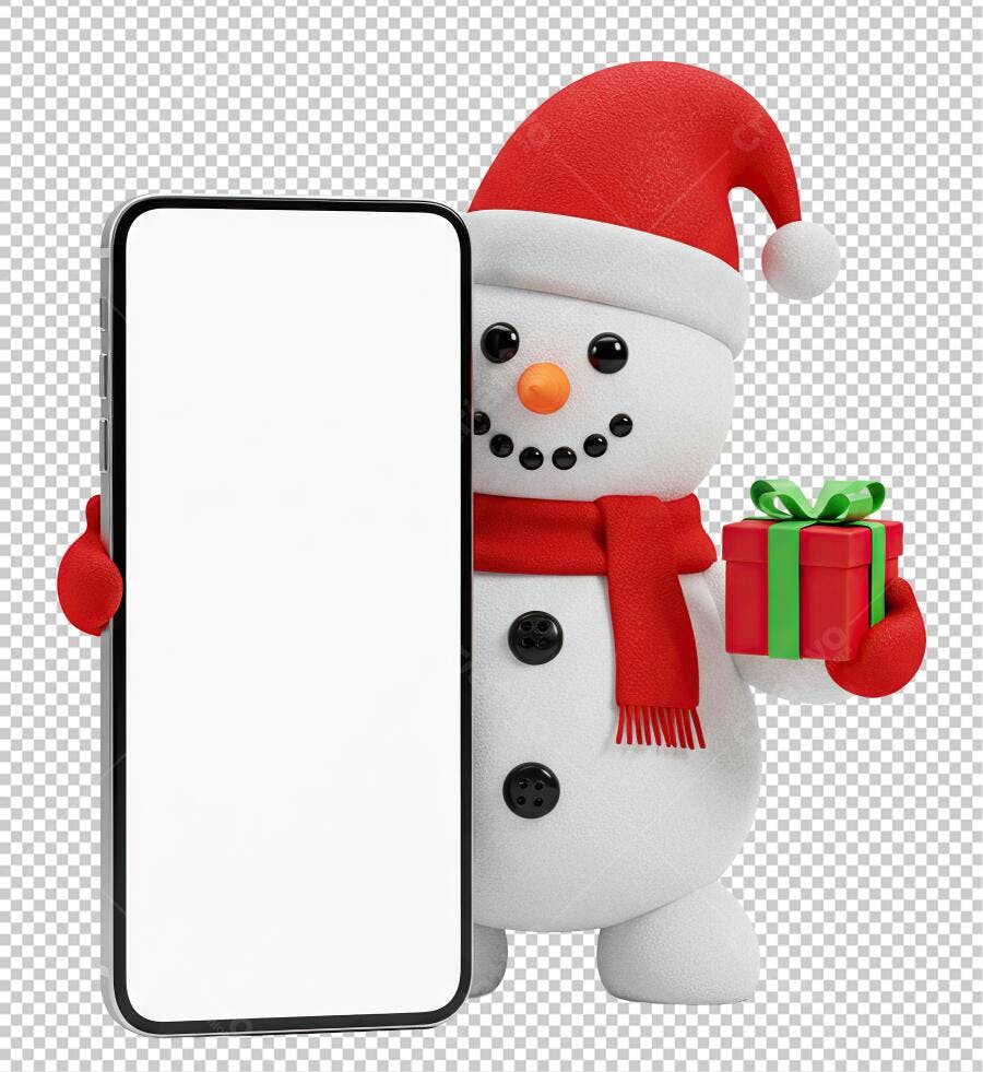 Mockup 3D Boneco de Neve com Telefone e Presente de Natal PNG com fundo transparente