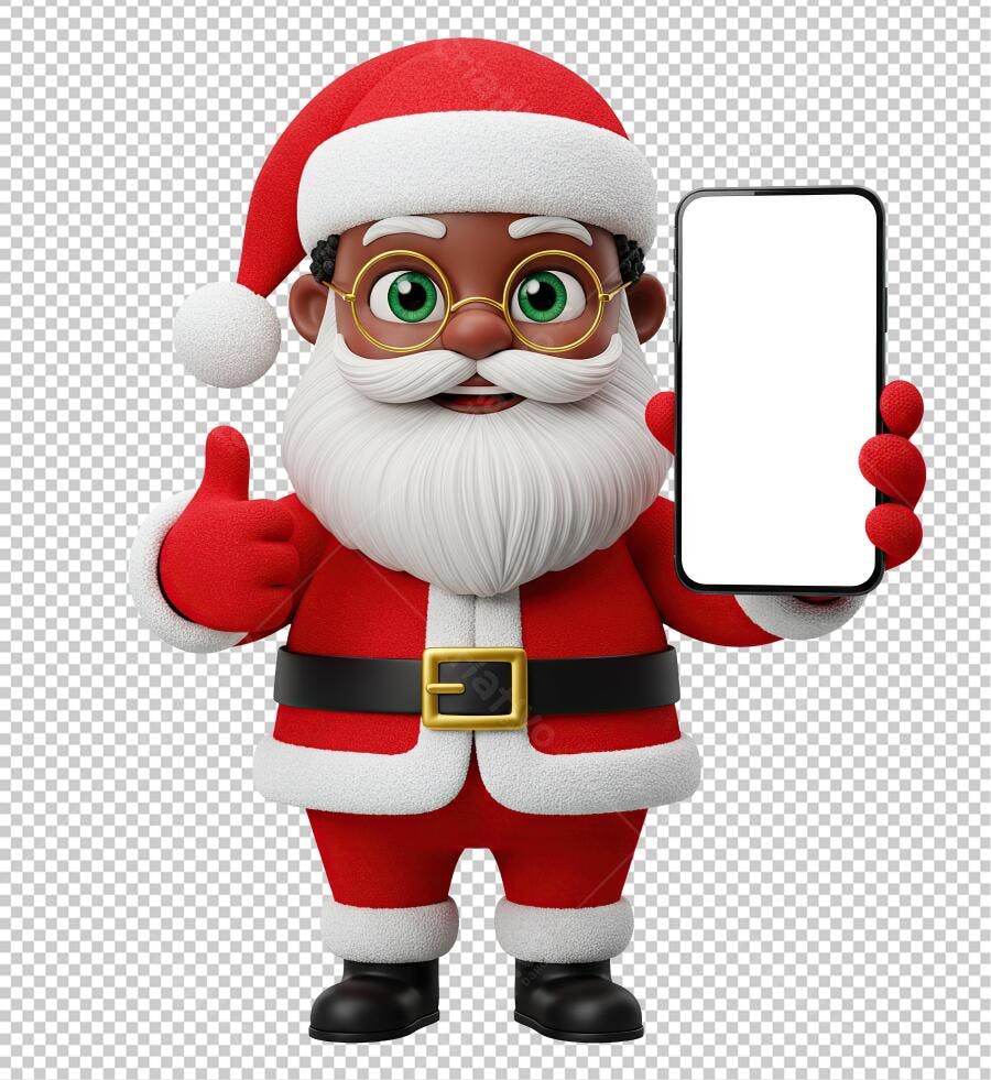 Papai Noel Negro Natal com Smartphone e Polegar para Cima PNG com fundo transparente