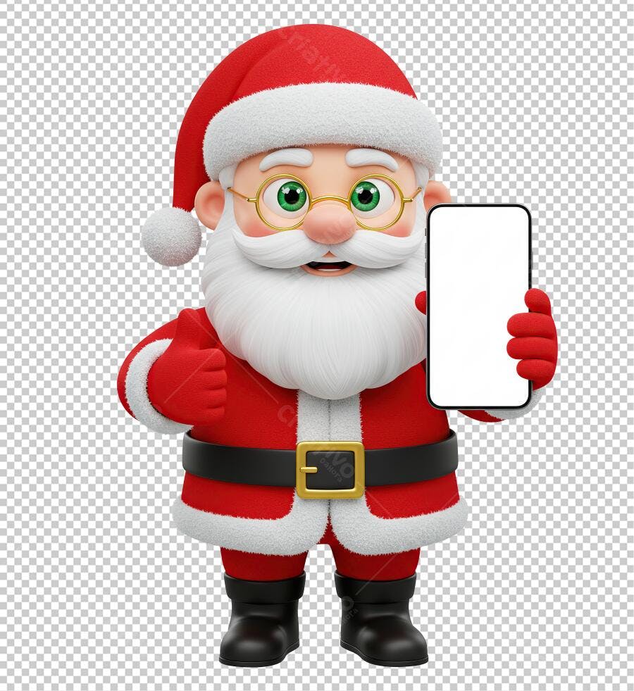Mascote Papai Noel com celular e polegar para cima Natal PNG com fundo transparente