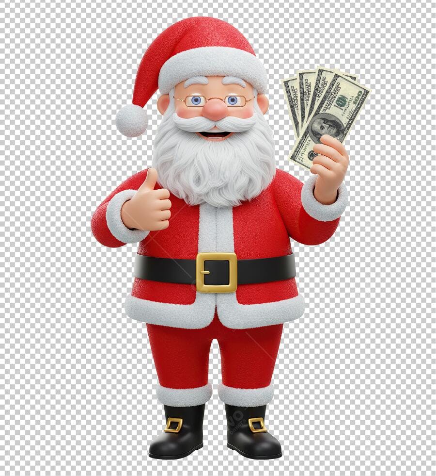 Ilustração 3D Papai Noel feliz com dinheiro para promoções e Natal PNG com fundo transparente
