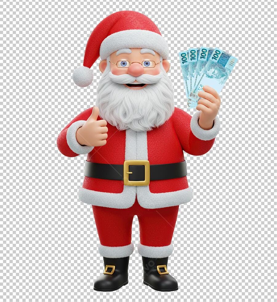 Papai Noel 3D segurando notas de 100 reais e polegar para cima PNG com fundo transparente