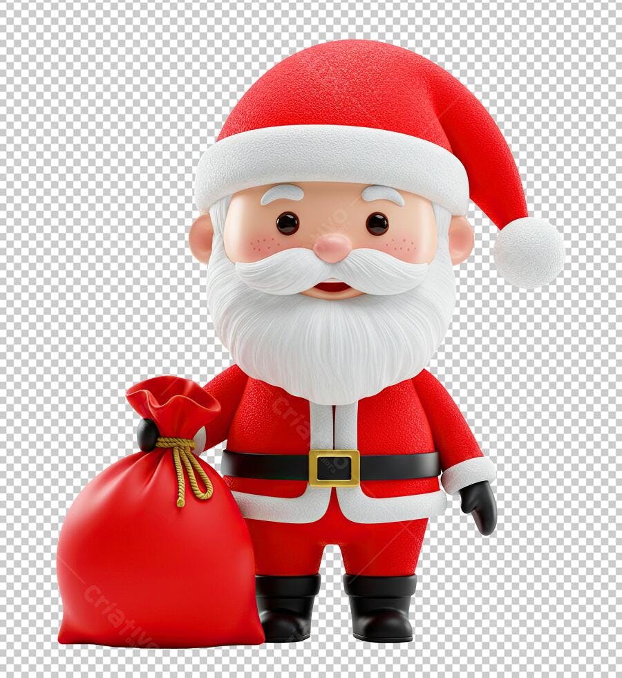 Personagem 3D Papai Noel com saco de presentes para Natal PNG com fundo transparente