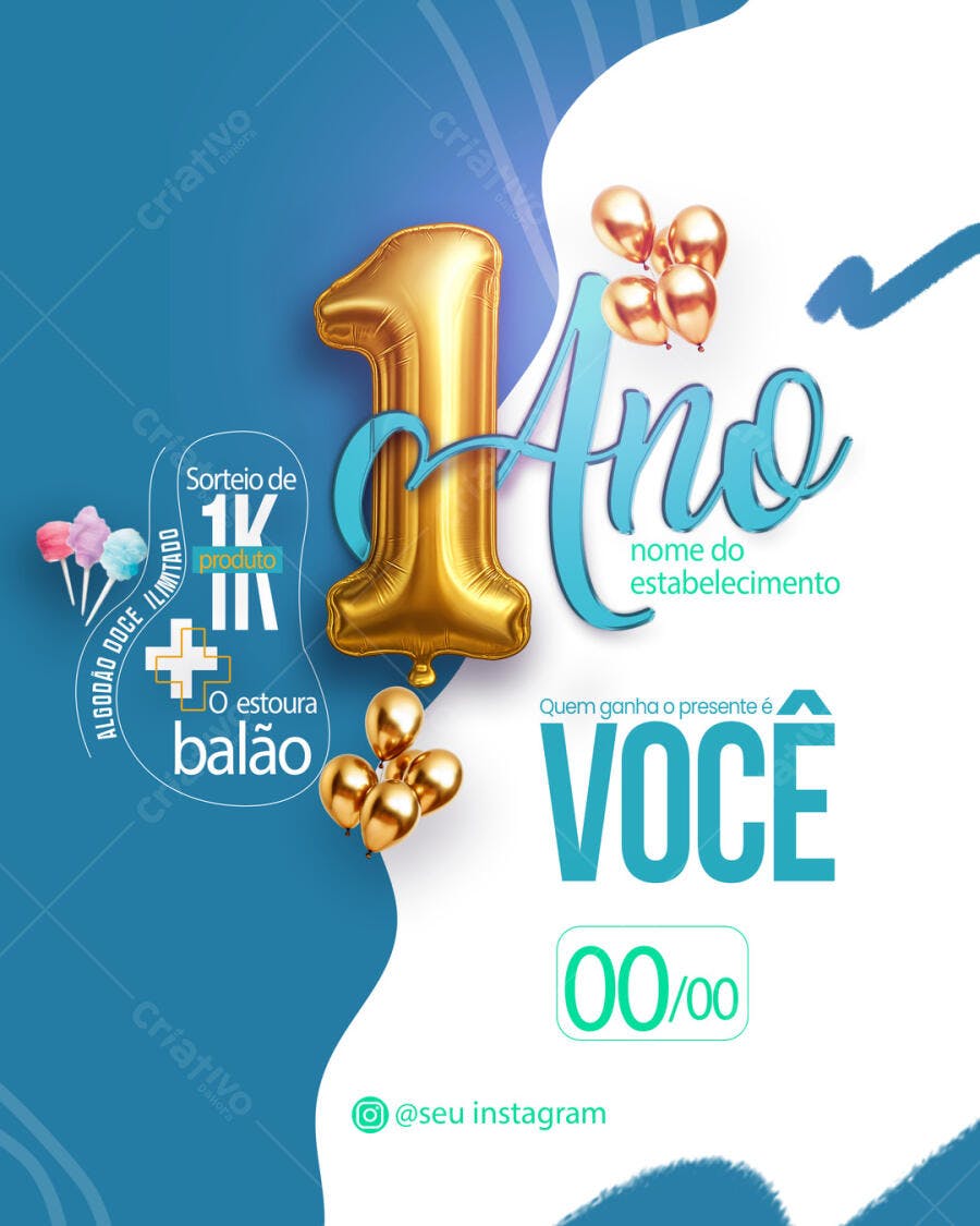 Flyer Aniversário 1 Ano Sorteio Balões Dourados PSD Editável