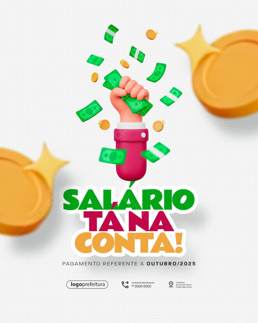 Flyer Salário na Conta Mão 3D Dinheiro Moedas PSD Editável