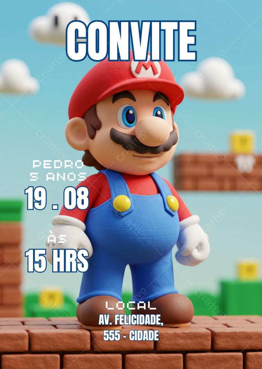 Convite de aniversário infantil Super Mario Bros 3D céu azul Editável no Canva