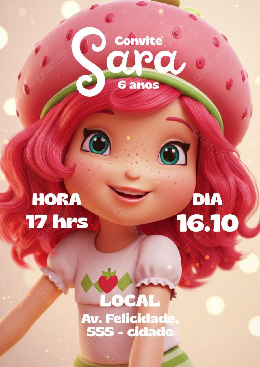 Convite de aniversário menina Moranguinho 3D fofo rosa e vermelho Editável no Canva