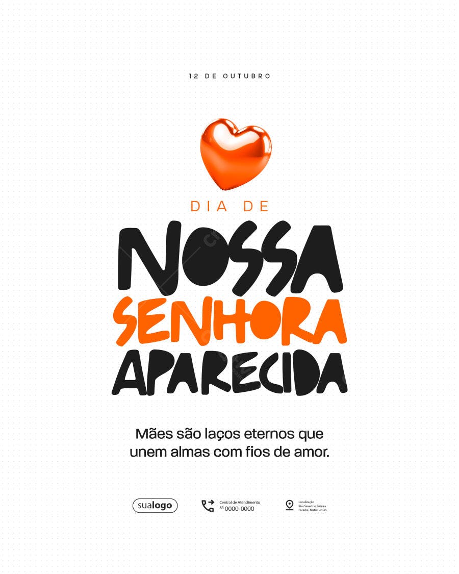 Flyer Dia de Nossa Senhora Aparecida Coração Laranja PSD Editável