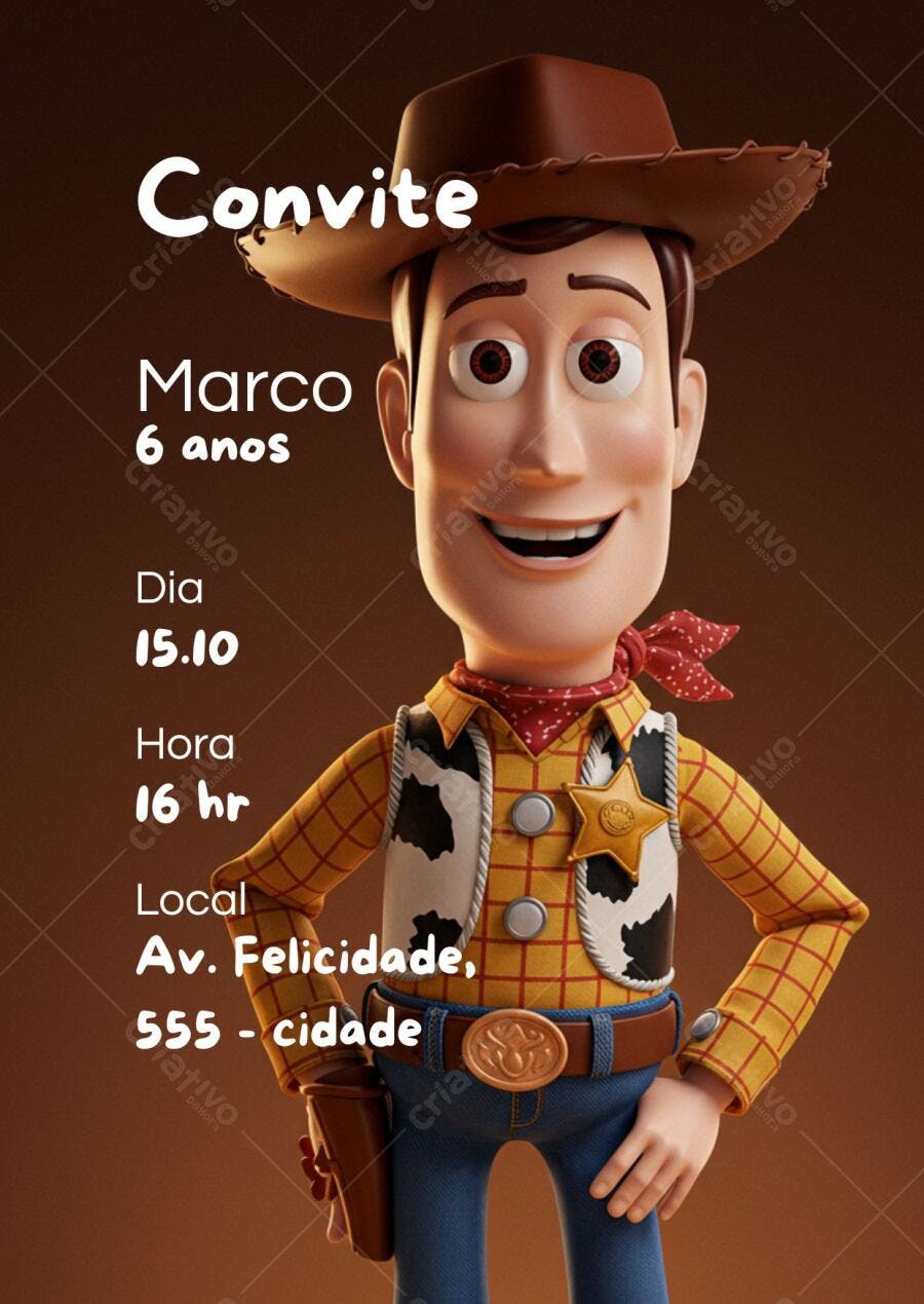 Convite de aniversário infantil Woody Toy Story faroeste cowboy Editável no Canva