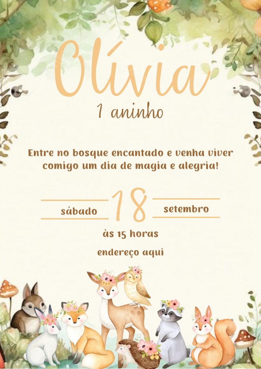 Convite de aniversário infantil tema bosque mágico com animais aquarela Editável no Canva