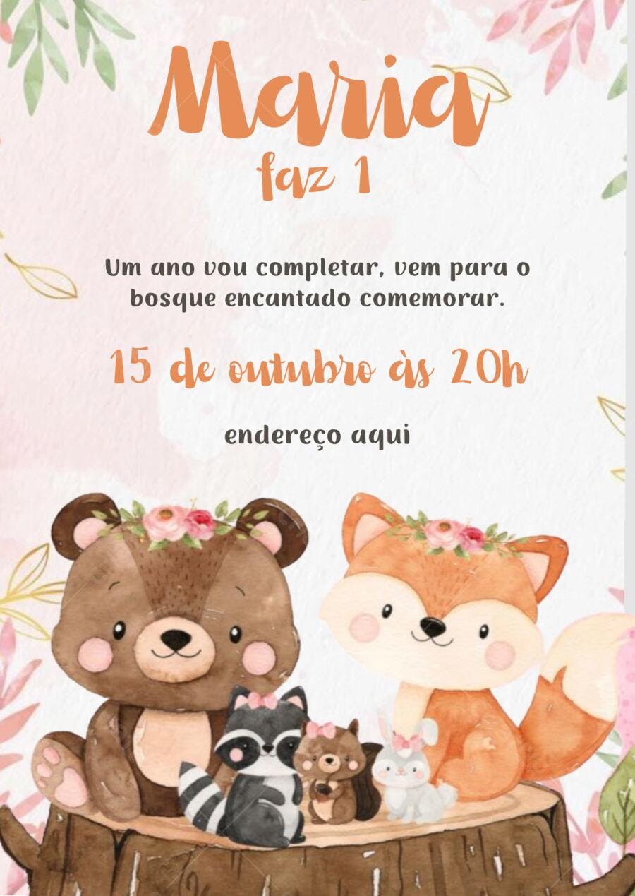 Convite aniversário infantil 1 ano tema floresta ursinho raposa Editável no Canva