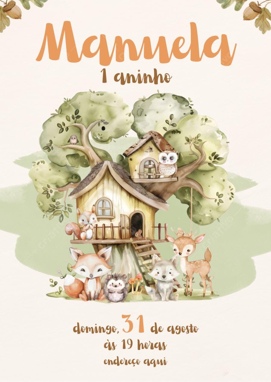 Convite de aniversário infantil floresta animais fofos casa na árvore Editável no Canva