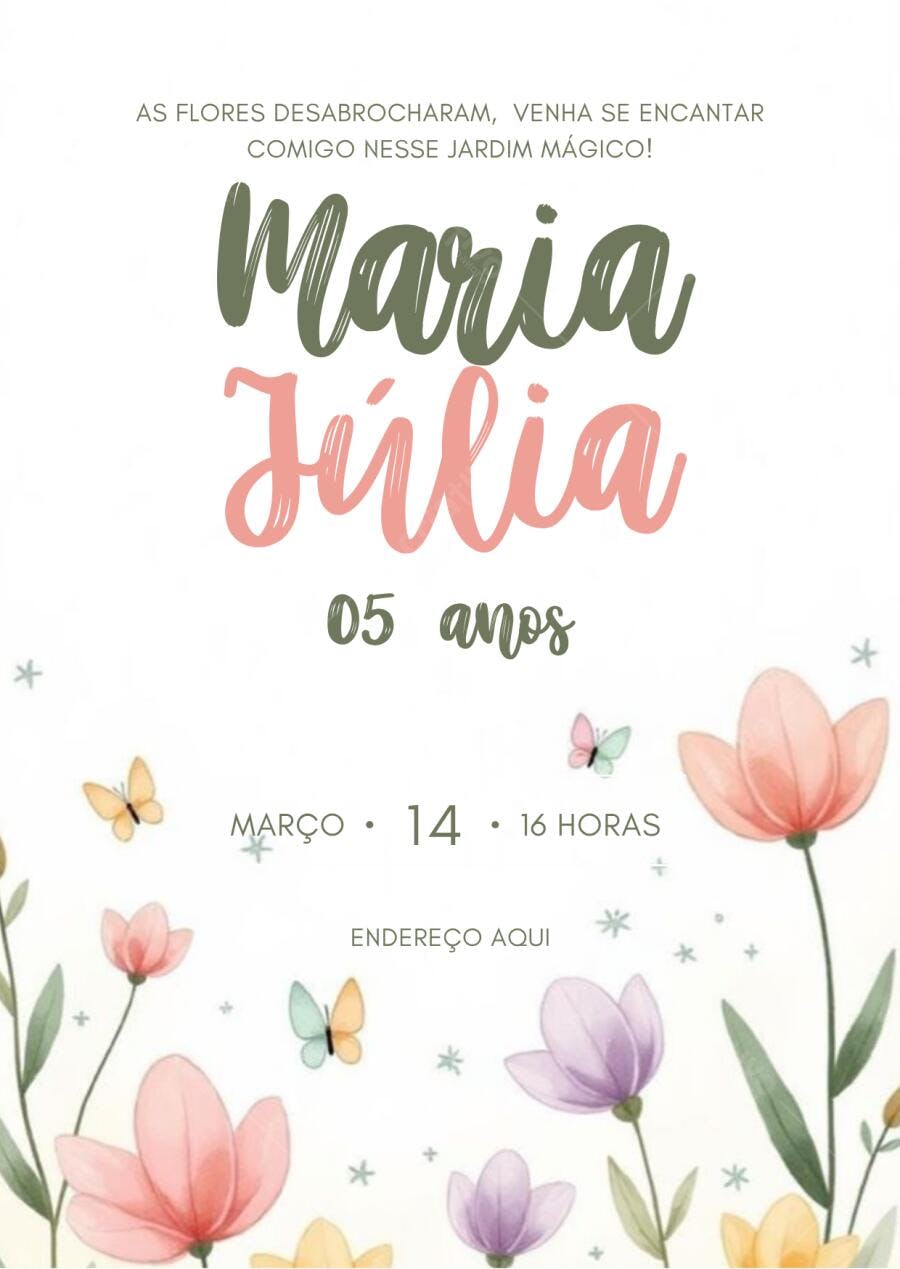 Convite de aniversário infantil jardim encantado flores e borboletas Editável no Canva
