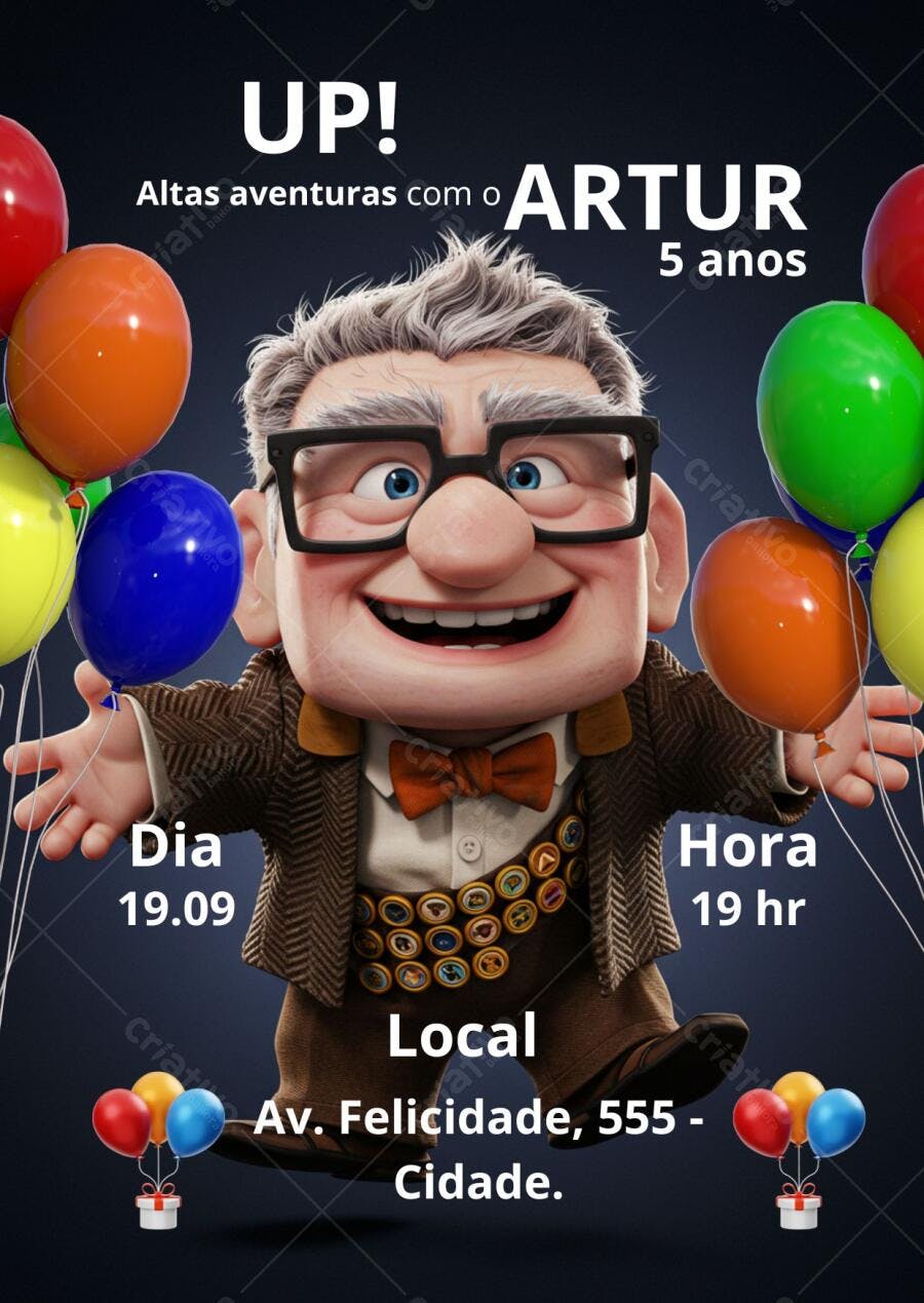 Convite de aniversário infantil Up Altas Aventuras Carl Fredricksen balões coloridos Editável no Canva