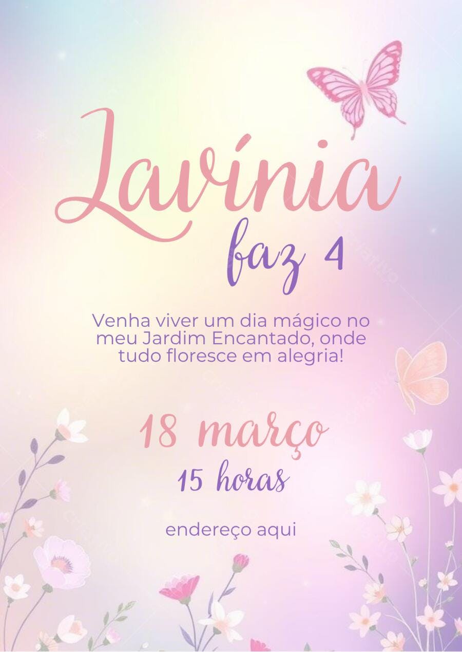 Convite aniversário infantil Jardim Encantado borboletas e flores Editável no Canva