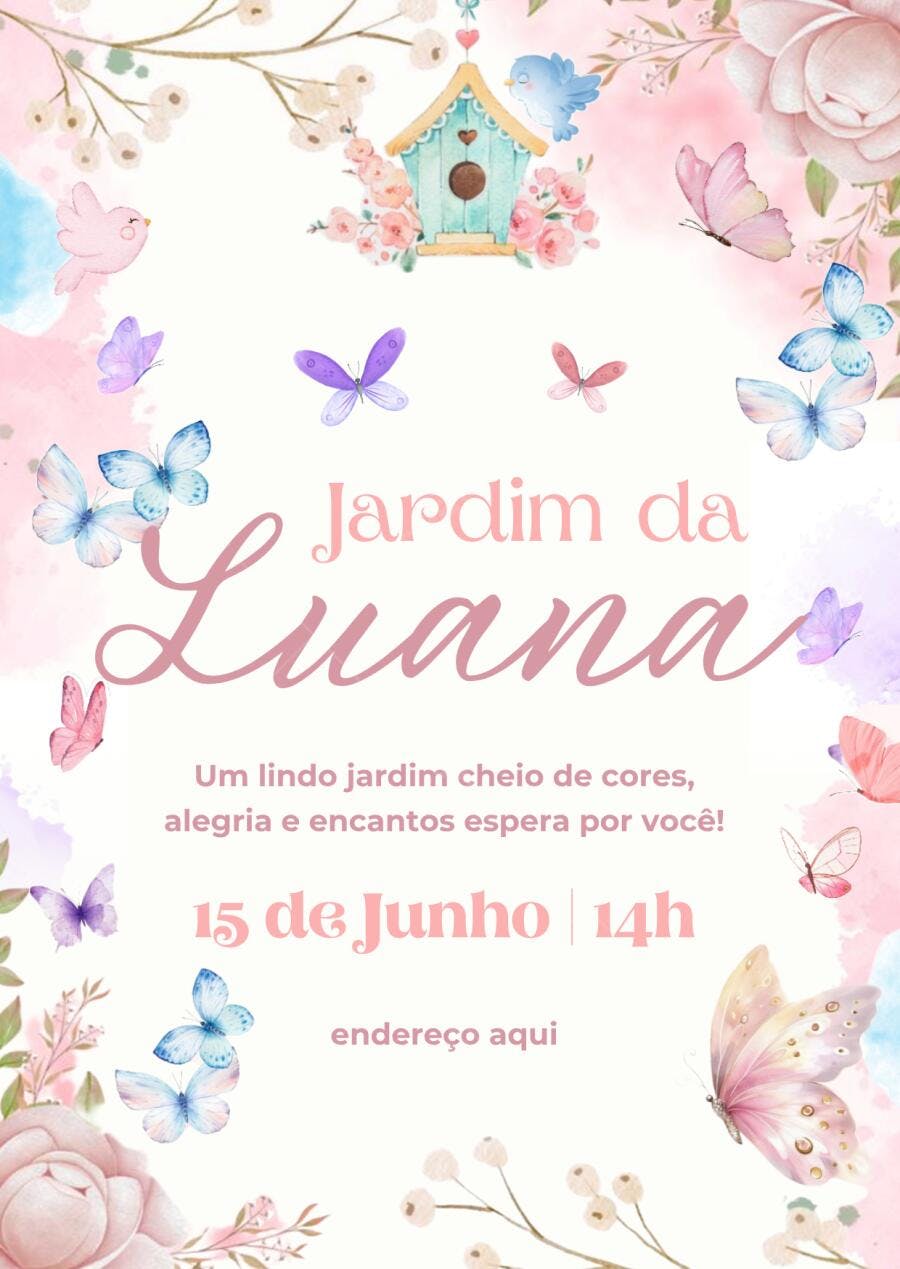 Convite de aniversário jardim encantado borboletas e passarinhos Editável no Canva