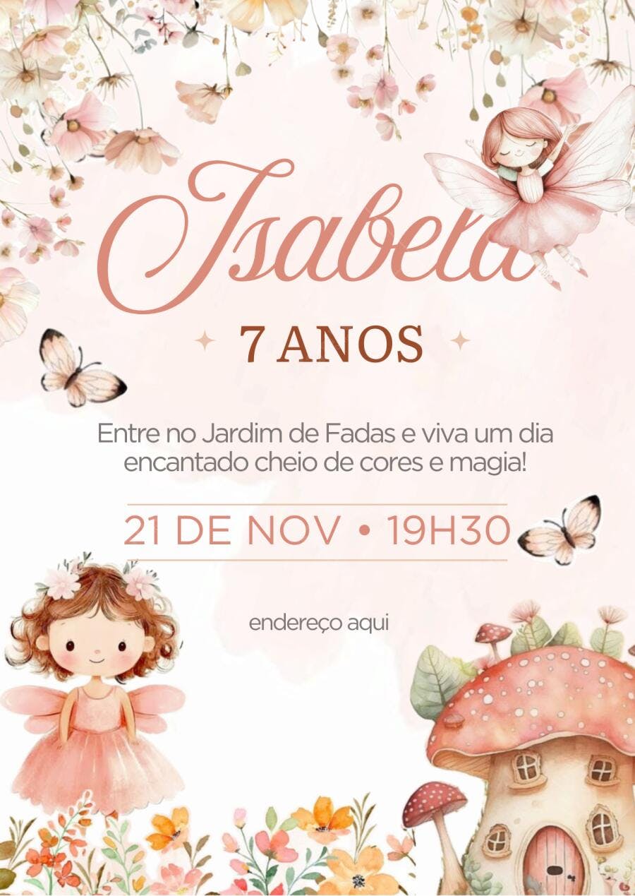 Convite de aniversário infantil fadas borboletas e casa cogumelo rosa Editável no Canva