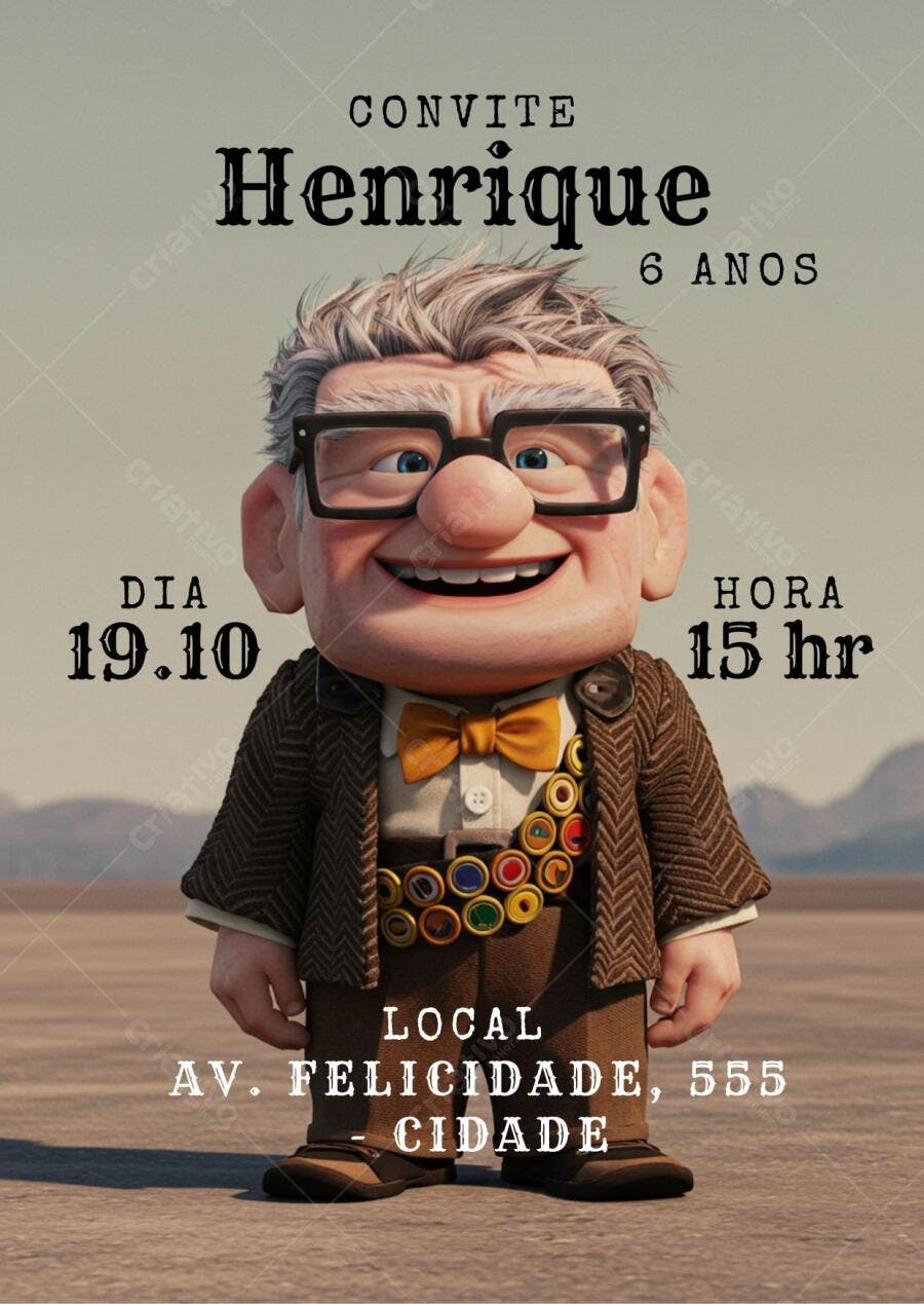 Convite de aniversário infantil Aventura Up Altas Aventuras Carl Fredricksen Editável no Canva