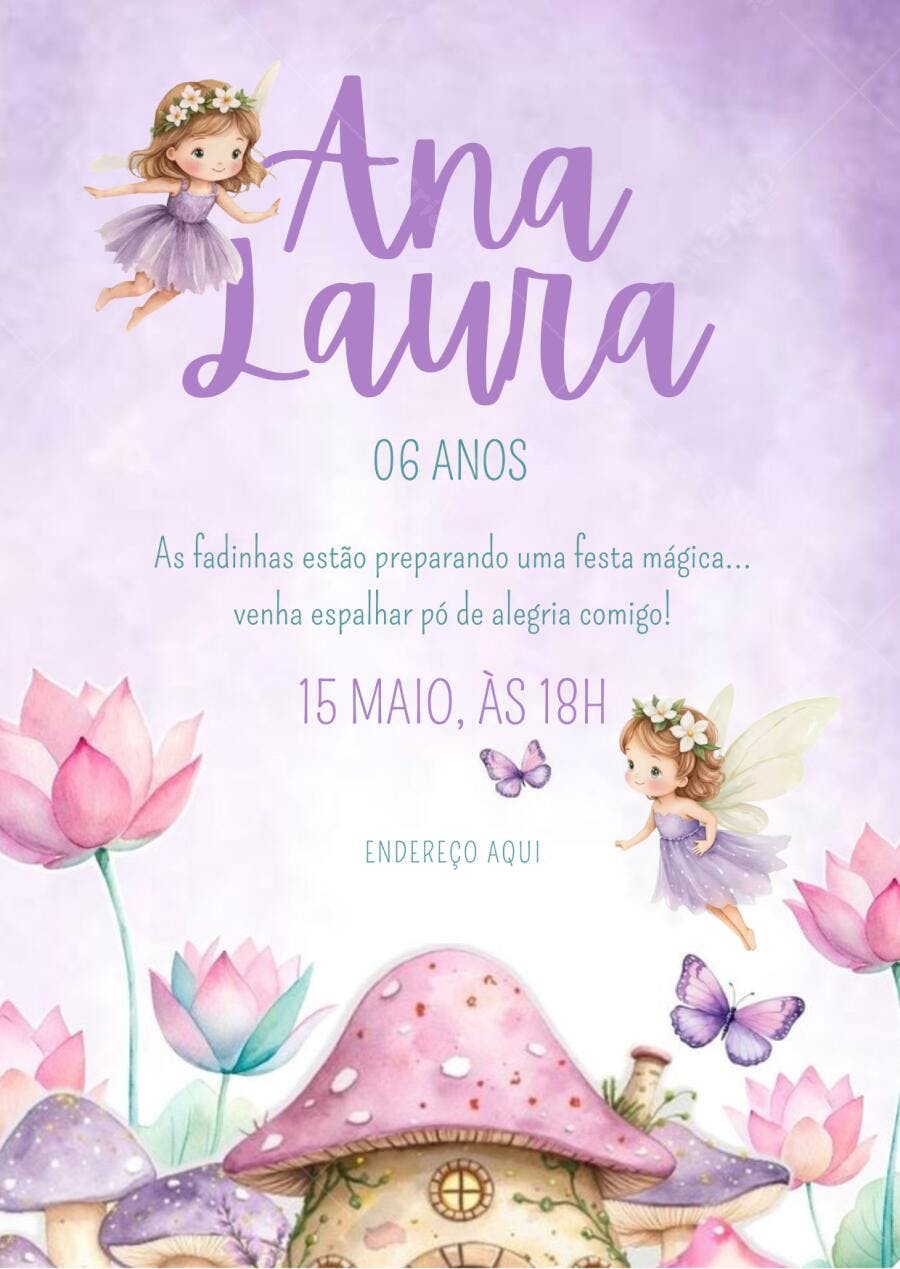Convite aniversário fadas borboletas e cogumelos em tons pastel Editável no Canva