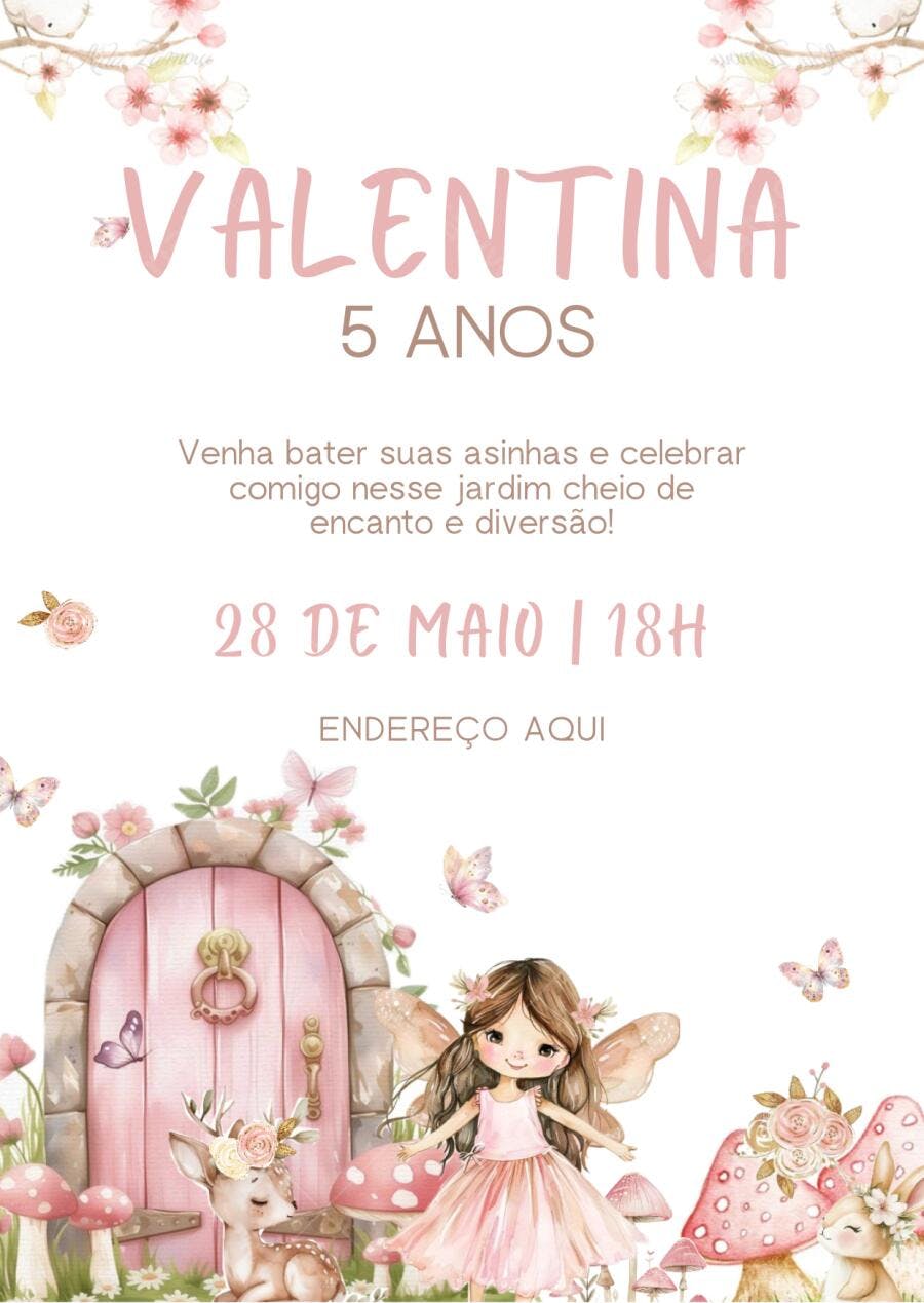 Convite de aniversário infantil jardim encantado fada e veado rosa Editável no Canva