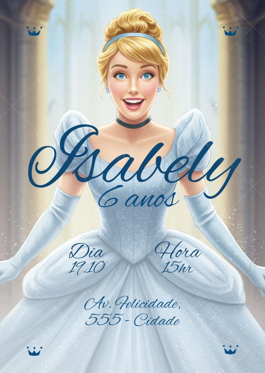 Convite de aniversário infantil Cinderela princesa azul com brilho Editável no Canva