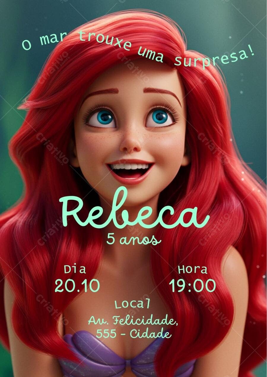 Convite de aniversário infantil A Pequena Sereia Ariel fundo do mar azul e verde Editável no Canva