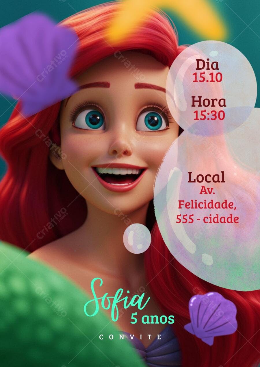 Convite de aniversário infantil A Pequena Sereia Ariel fundo do mar Editável no Canva