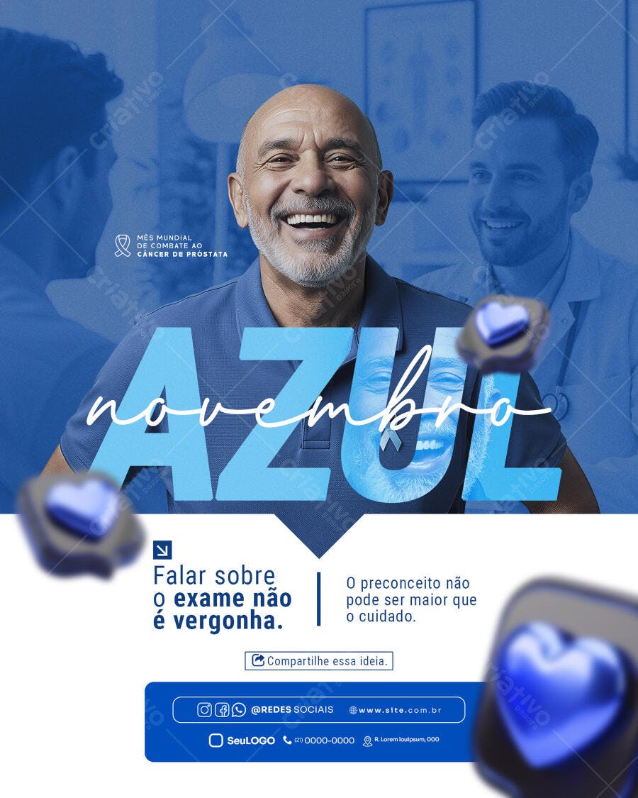 Flyer Novembro Azul com Homem Sorrindo e Doutor PSD Editável