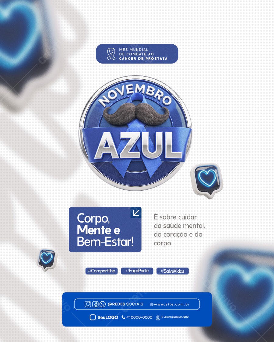 Flyer Digital Novembro Azul Bigode Conscientização Saúde PSD Editável