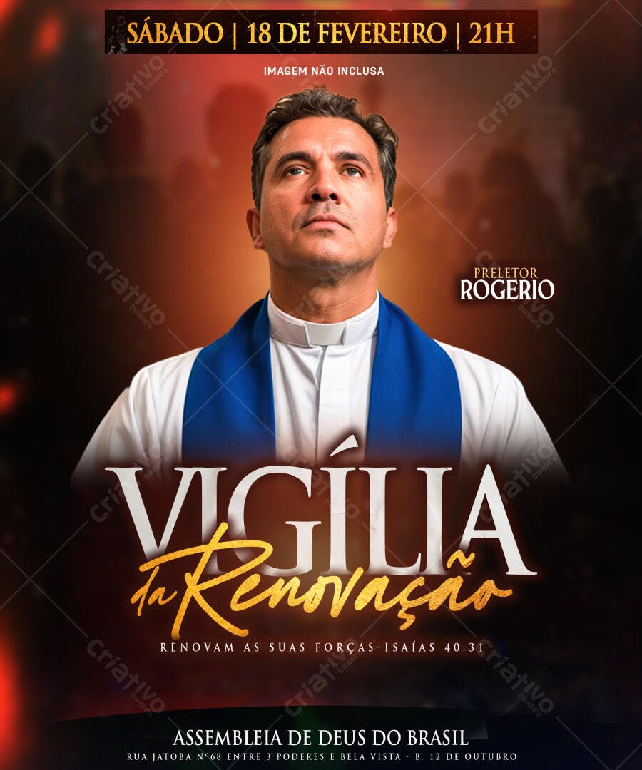 Flyer para Vigília da Renovação com Preletor Rogério PSD Editável