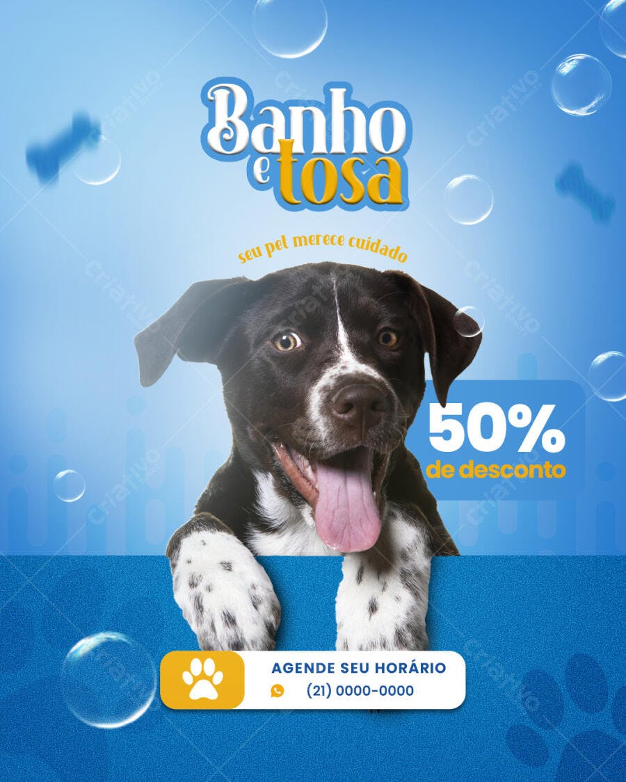 Flyer para Pet Shop Banho e Tosa 50% Desconto Cão Preto e Branco PSD Editável