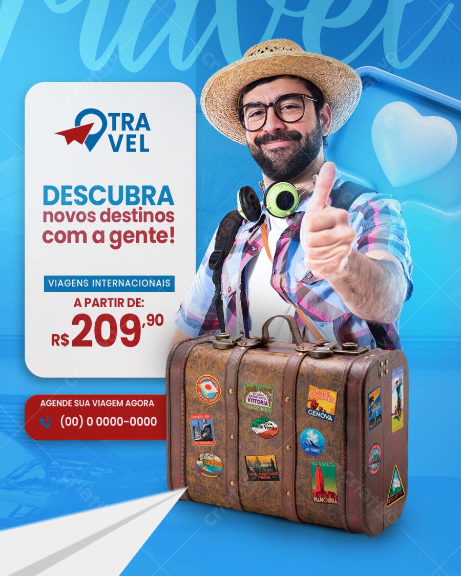 Flyer Viagens Internacionais Homem com Mala Oferta R$209,90 PSD Editável