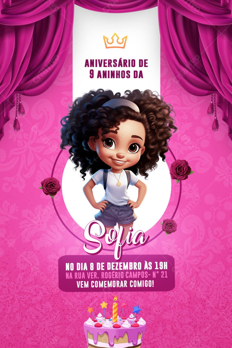 Convite Aniversário Sofia 9 Anos Menina Negra Cacheada PSD Editável