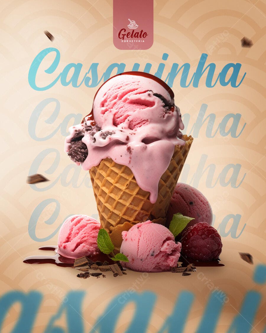 Flyer Casquinha Sorvete Rosa Gelato PSD Editável