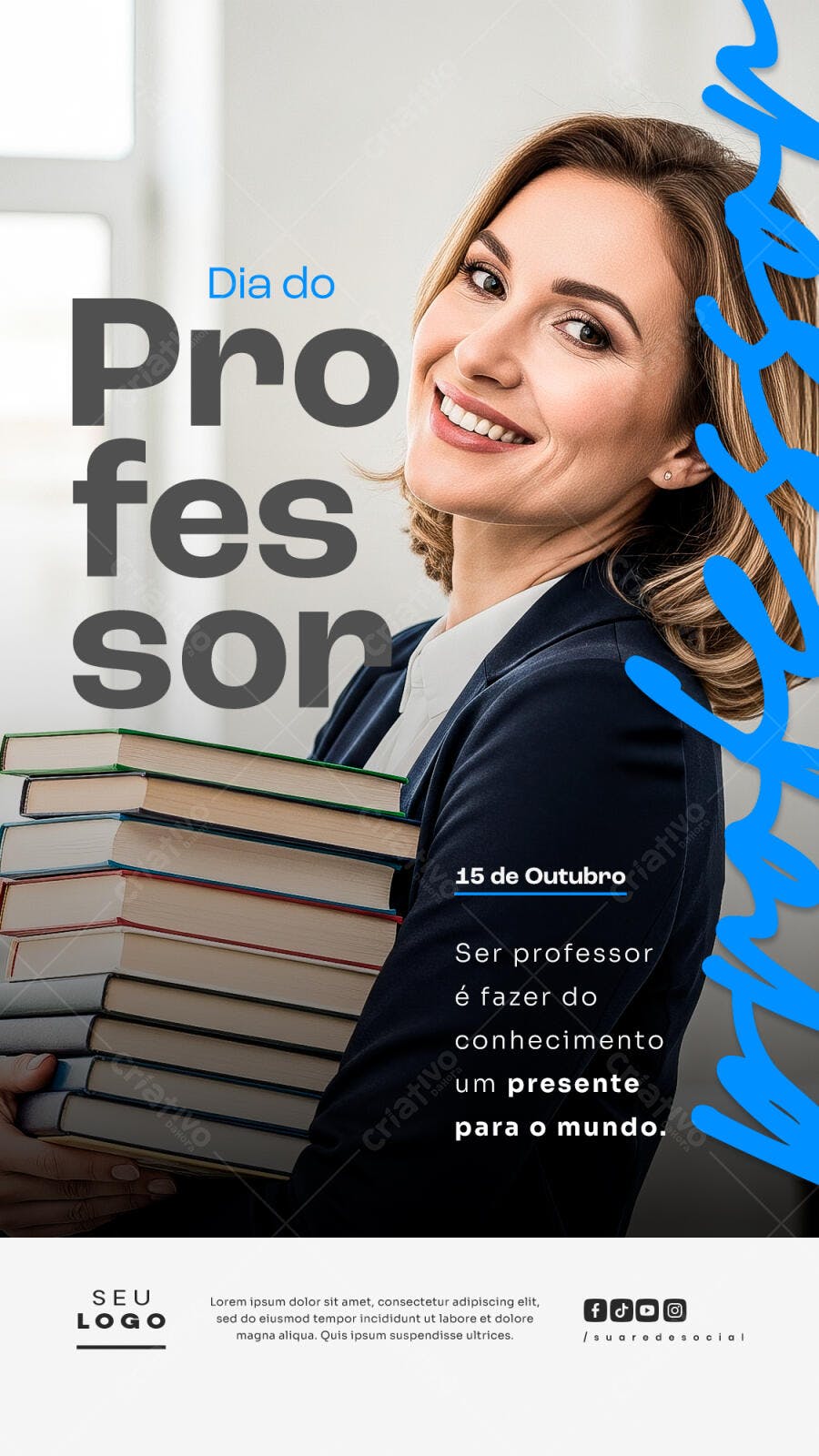 Flyer Dia do Professor 15 de Outubro com Professora e Livros PSD Editável