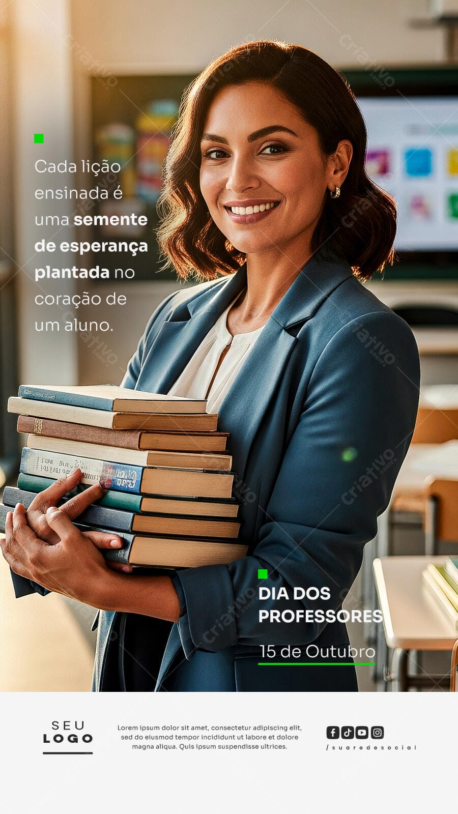 Flyer Dia dos Professores com Professora Sorrindo Psd Editável