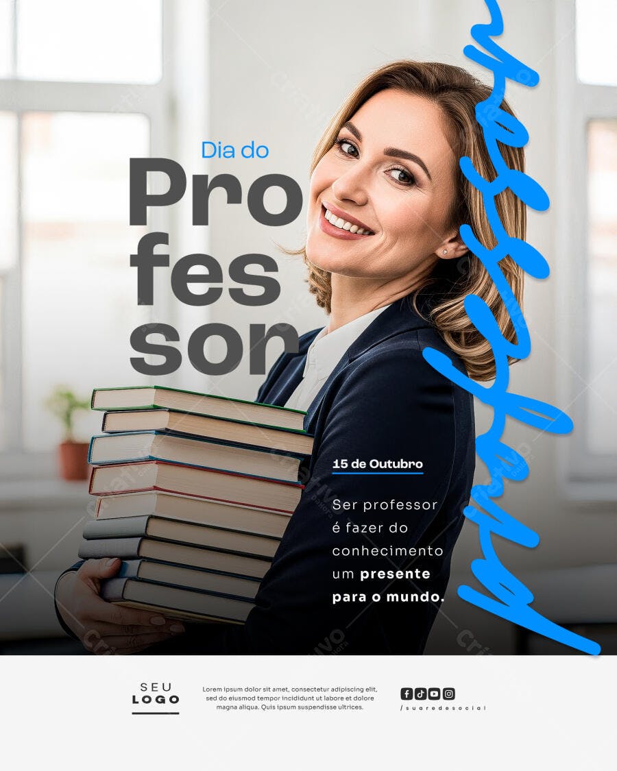 Flyer Dia do Professor 15 de Outubro com Mulher e Livros PSD Editável