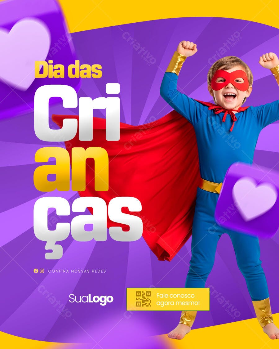 Flyer Dia das Crianças com Menino Super-Herói PSD Editável