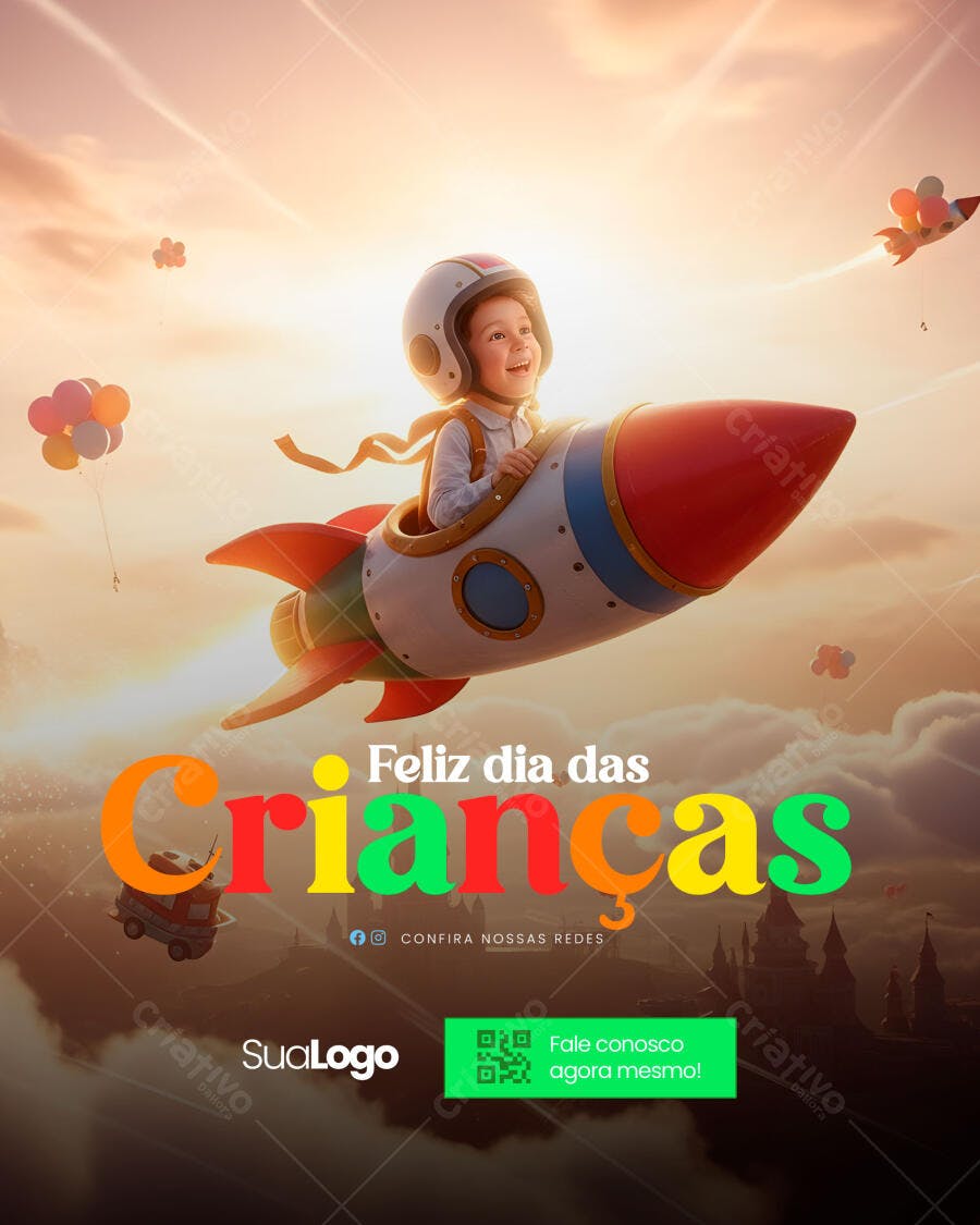 Flyer Dia das Crianças com Menino Astronauta PSD Editável