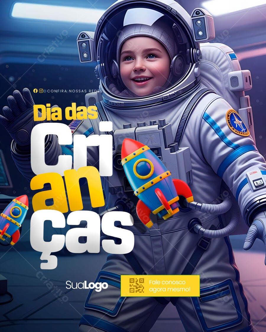 Flyer para Dia das Crianças com Astronauta e Foguete PSD Editável