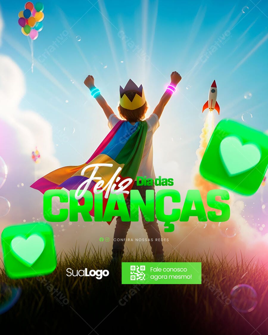 Flyer Feliz Dia das Crianças com Criança Super Herói PSD Editável