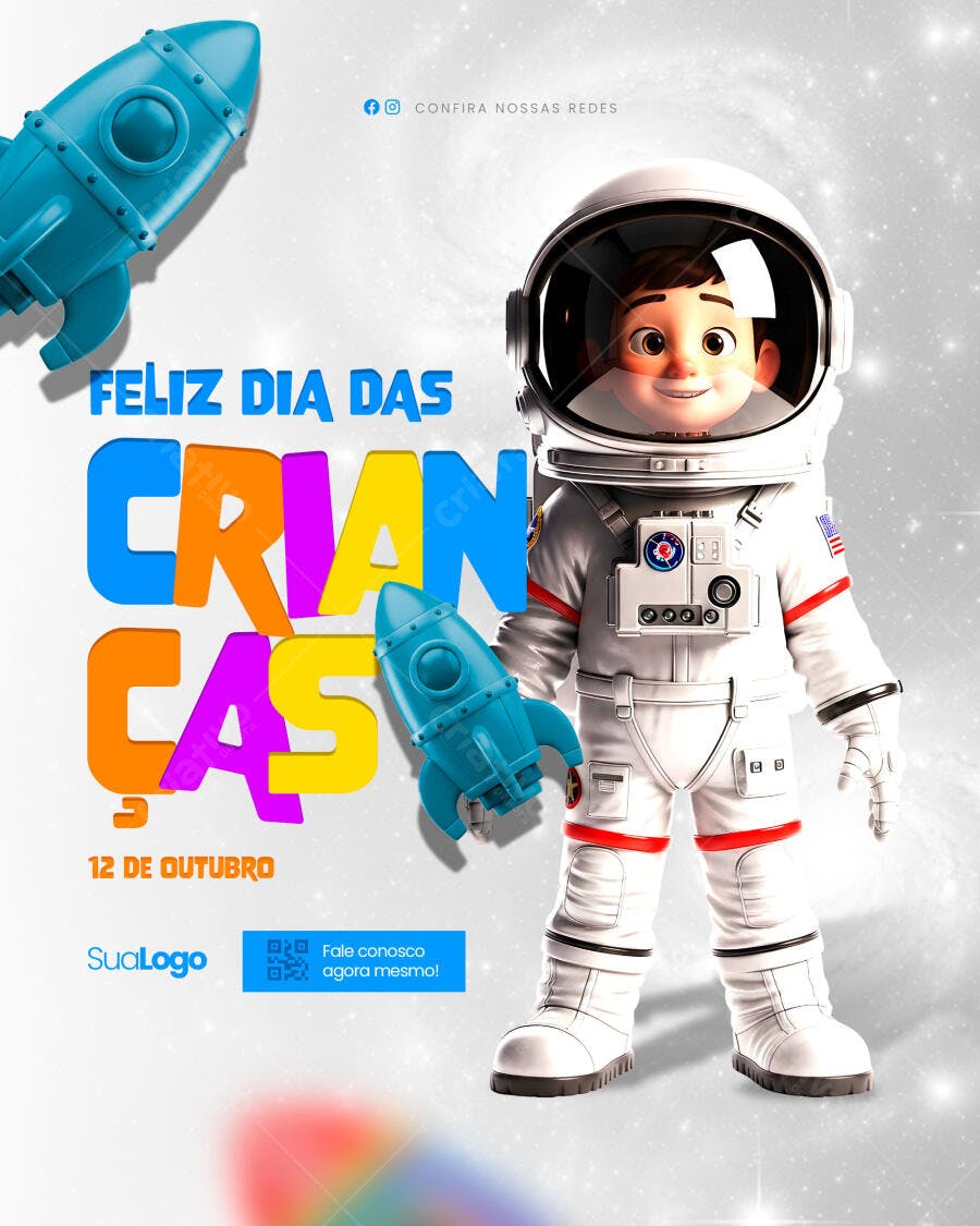 Flyer Dia das Crianças com Astronauta e Foguetes Psd Editável