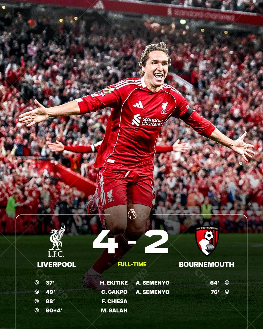 Flyer Esportivo para Resultado Jogo Liverpool Bournemouth PSD Editável