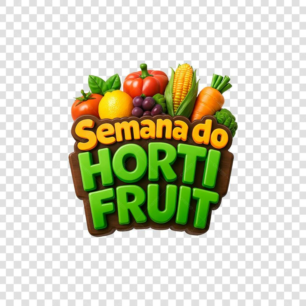 Selo promocional Semana do Hortifruti com frutas e vegetais PNG com fundo transparente