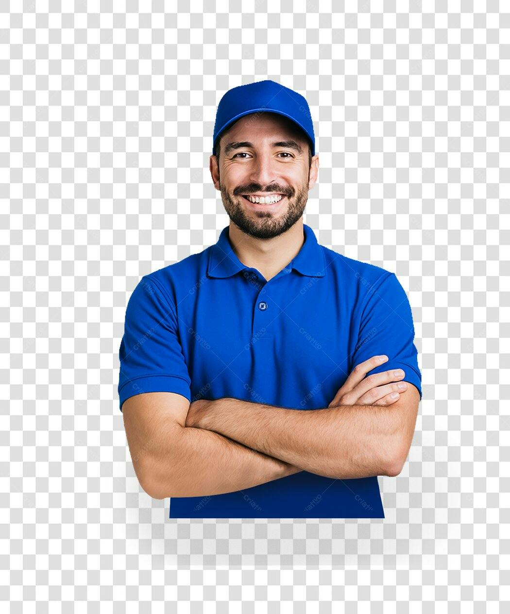 Homem Profissional Entregador de Azul Sorrindo PNG com fundo transparente