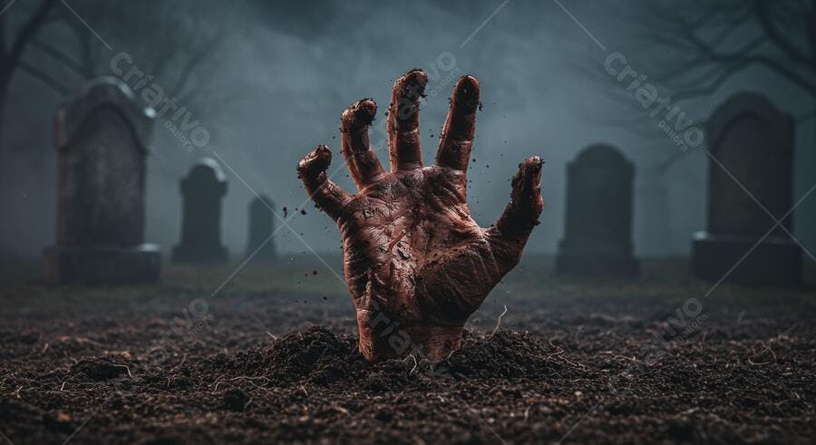 Mão de zumbi emergindo da terra em cemitério nebuloso de Halloween